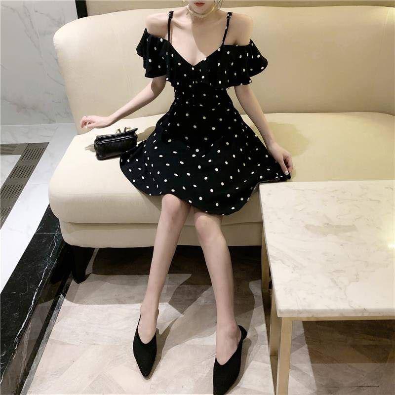 Female Summer Vintage Simple Elegant Wave Point Dress Sling Short Graceful Slim Party Dress