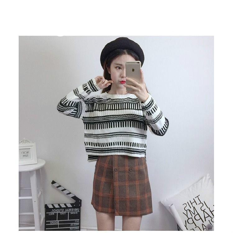 Pofulove Women's Long Sleeve Winter College Style Wild Loose Top Color Stripe KnitStudent Sweater
