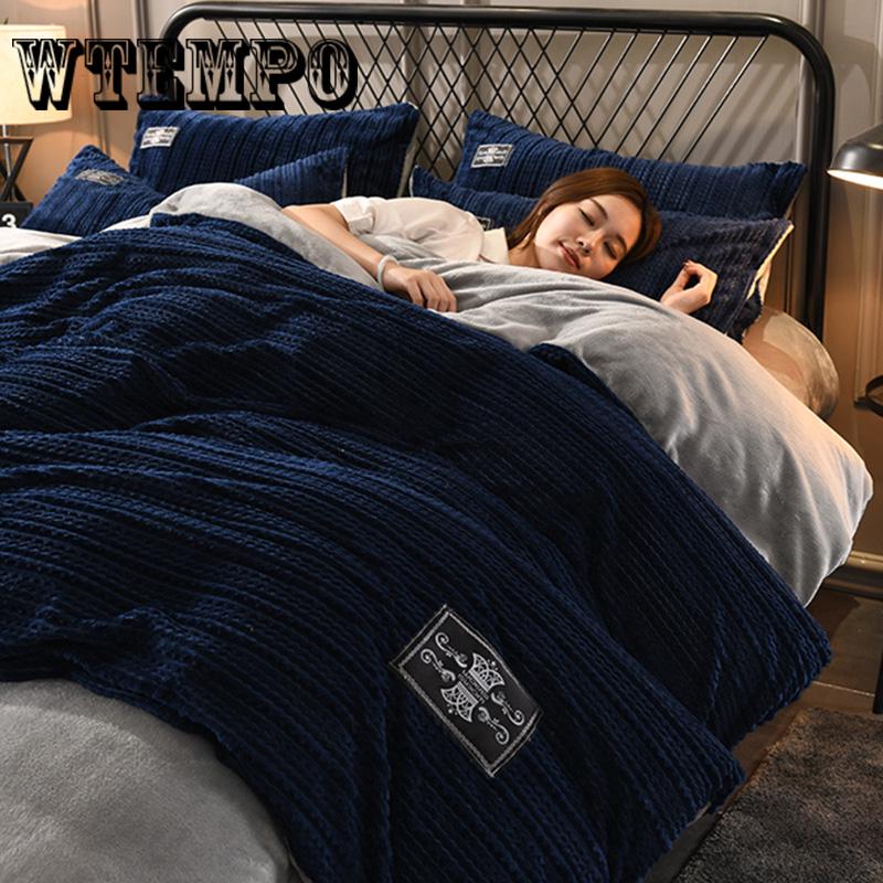 4pcs  Winter Home Textile Soft Bedspread Fleece Fabric Solid Color Bed Sheet Queen/king Size Bedding Sets Cozy Pillowcases