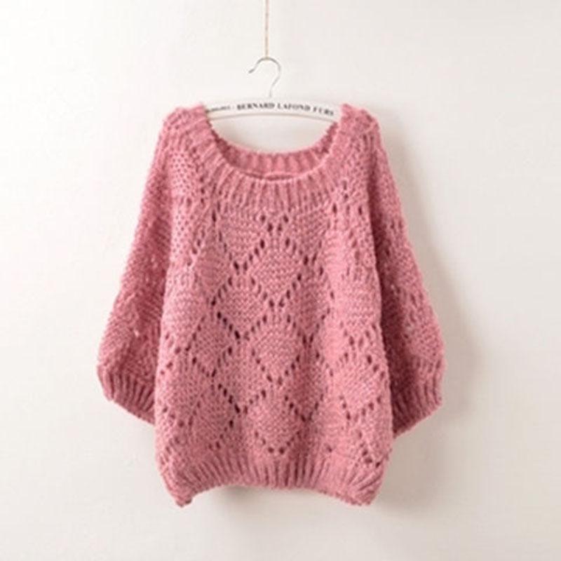 Spring and Autumn Hollow Knit Sweater Korean Loose Short Bat Sleeve Pullover Sweater