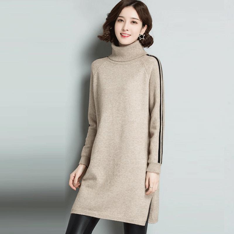 Autumn and Winter Turtleneck Thick Sweater Dress Mid-length Loose Large Size Base Skirt Fashion Simple Women's Sweater Dress