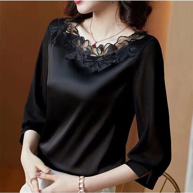 Three-quarter Sleeves Plus Size Chiffon Top Women's Embroidered Loose Round Neck Satin Mother's Belly Cover Shirt