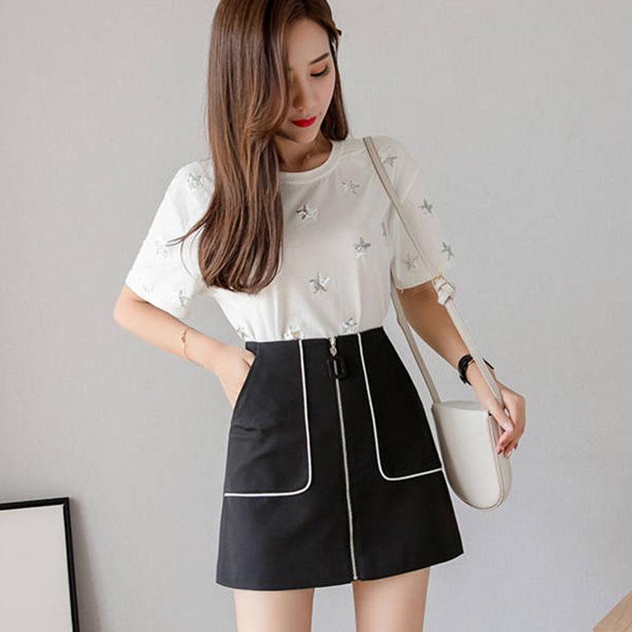 Pofulove Women High Waist Slim Chiffon Skirt with Pocket Anti-light Bag Hip Skirt Mini A-line Skirt