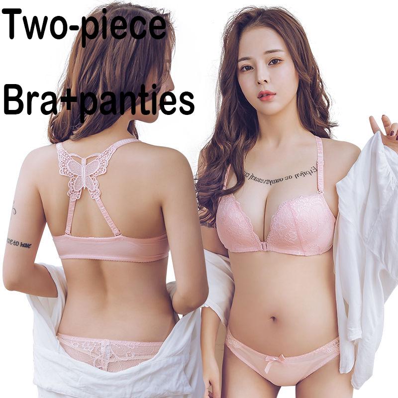 Feminine Gathered Bra Set without Steel Bezel Front Button Beautiful Back Bra Butterfly Lace