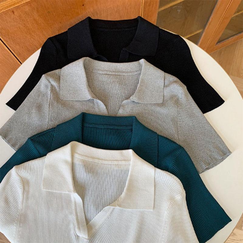 Summer V-neck Short-sleeved Knitted Sweater Women's Korean Version Slim Fit and Thin All-match French Girl Retro Hong Kong Style Short Top