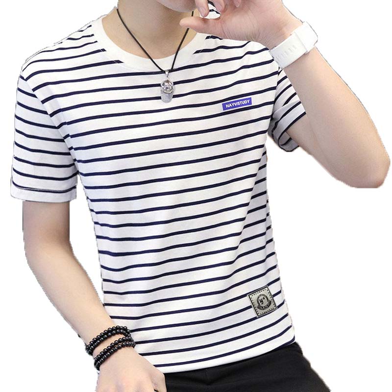 Round Neck Short-sleeved T-shirt Male Striped Short-sleeved Male Youth Casual All-match Top
