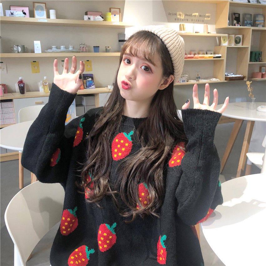 Loose Cute Strawberry Pattern Sweater Girl Round Neck Pullover Knitted Long Sleeved Sweater