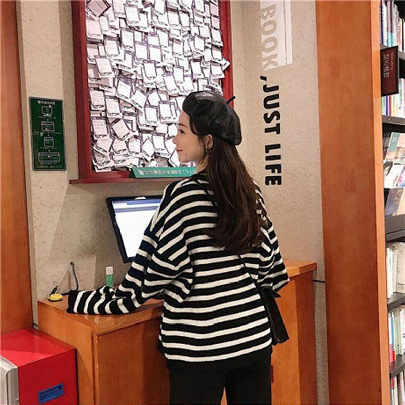 Color Striped Loose Striped Stretch Sweater Long Sleeve Round Neck Mesh Sweater Women