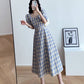 Large Women Size Summer Casual Slim Mid Length Square Neck Bubble Sleeve Plaid Holiday Dress