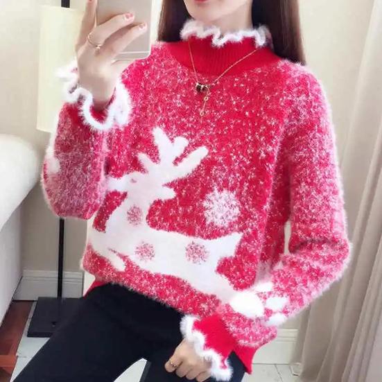Women's Winter Loose Elk Sweater Female Large Size Temperament Sweater Half-high Lace Collar Christmas Knitted Pullover