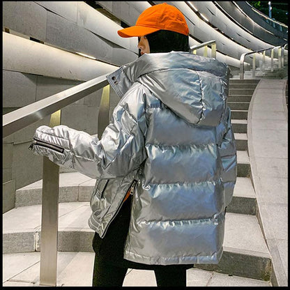 Women's Bright Print Short Down Jacket Winter Korean Loose Quilted Jacket Casual Stand-up Collar Hooded Down Jacket Quilted Jacket