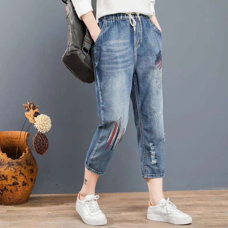 Women's Summer Loose Plus Size Jeans Cartoon Embroidered Harem Pants with Elastic Waist All-match Casual Pants