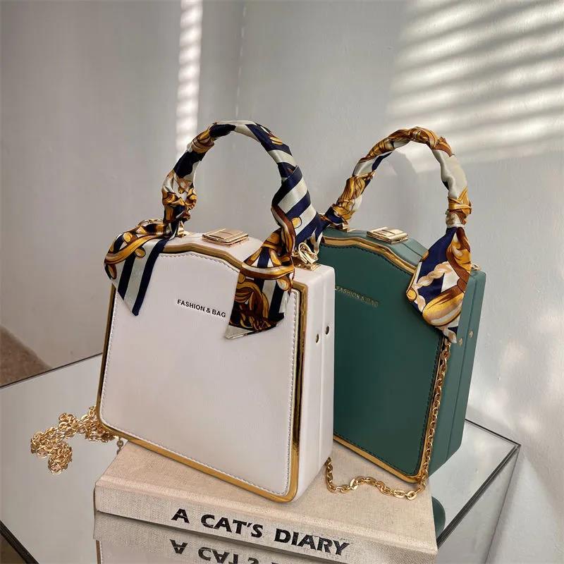 Ladies Premium Solid Color Silk Scarf Handbag Exquisite Chain One Shoulder Crossbody Box Bag
