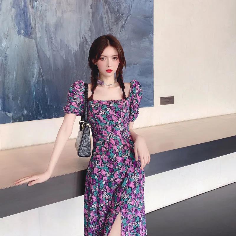 Women's Summer Puff Sleeve Floral Skirt Mid Length Slit Square Neck Dress