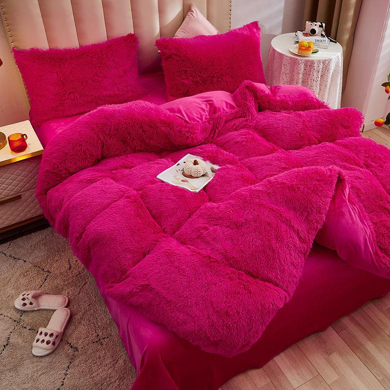 Coral Fleece Four-piece Set Mink Fleece Thick Flannel Double-sided Fleece Plush Quilt Cover Crystal Fleece Home Bedding Set