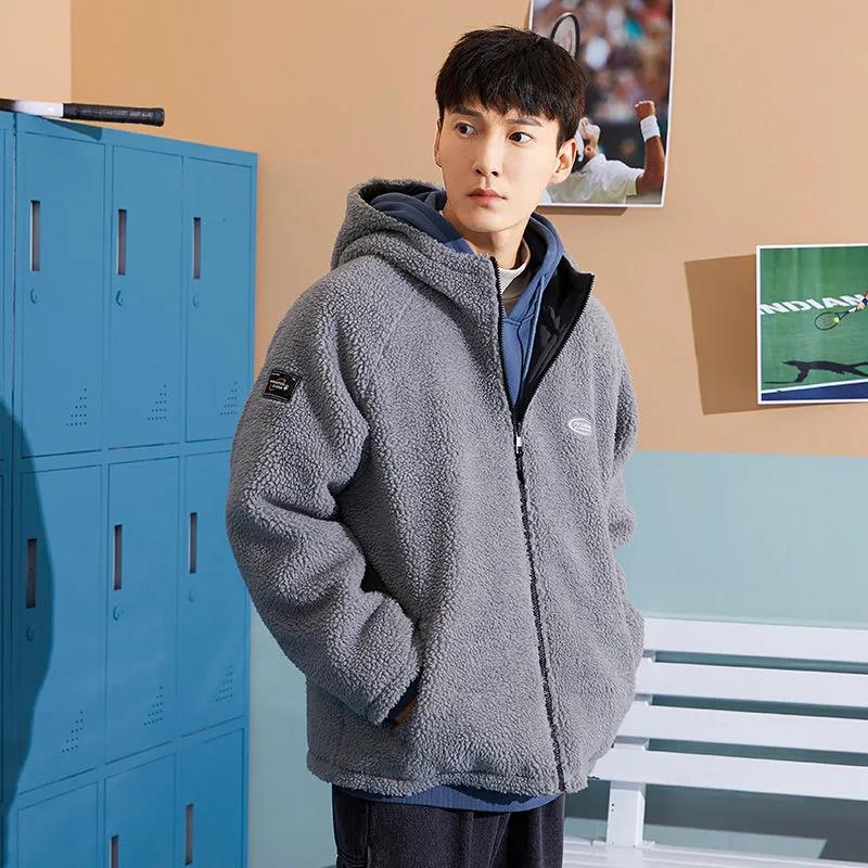 Lamb Wool Short Jacket Men's Autumn and Winter Cotton-padded Jacket Plus Velvet Thick Double-sided Wearable Tooling Hooded Jacket