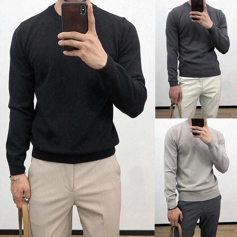 Winter Thin Round Neck Bottoming Sweater Korean Style Slim Pullover Sweater with Inner Line Sweater Men's Top