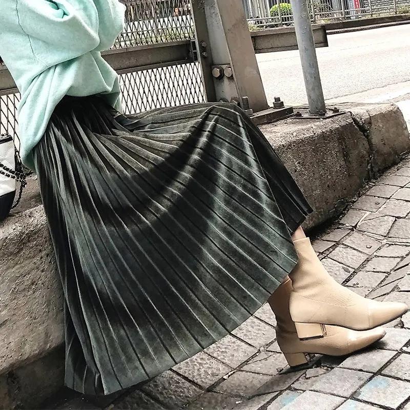 Velvet Pleated Skirt Women's Spring Autumn Korean Style High Waist Skirt Mid-length Slim A-line Skirt Long Skirt