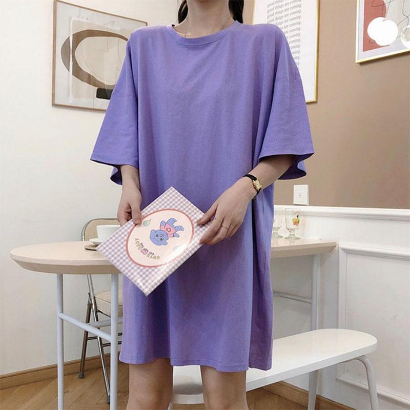 Nightdress Women's Mid-length Short-sleeved Solid Color Loose Casual Style Pajamas Are White and Can Be Worn Outside As Home Clothes