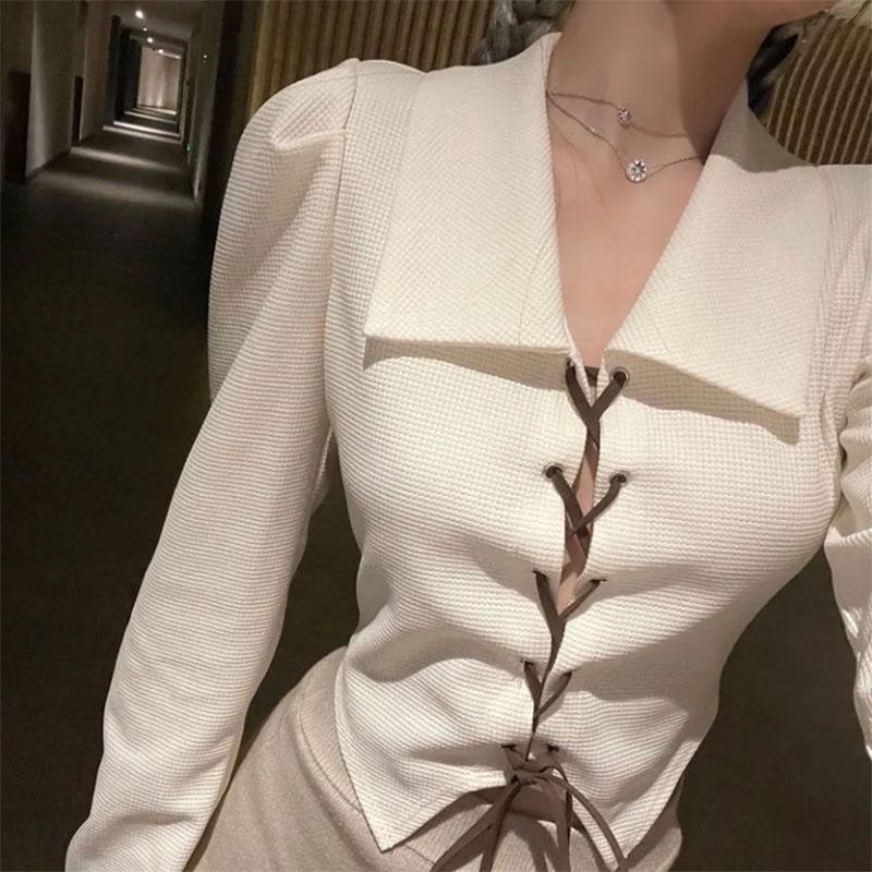 POLO Collar Cropped Top Women's Design Puff Sleeve Sweet and Spicy Shirt Slim T-shirt