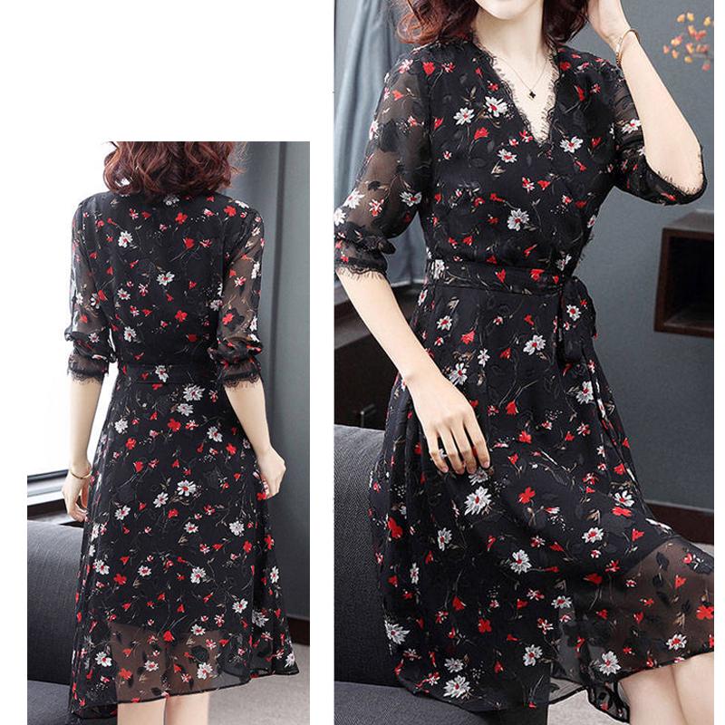 Vintage Spring Summer Chiffon Floral Printing Dress Midi Dress Pleated Hem Elegant Party Vestidos