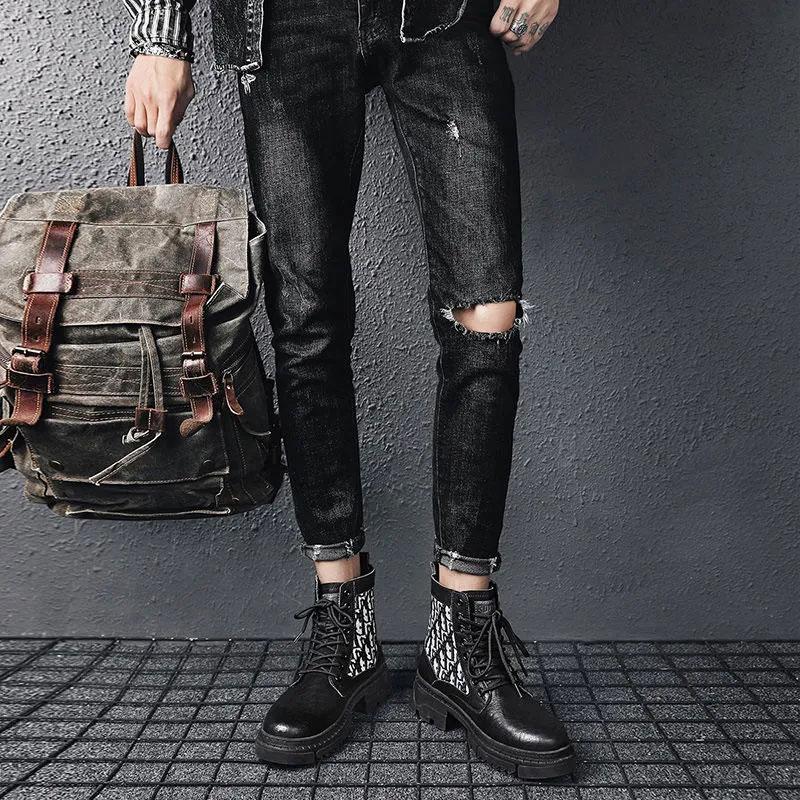 Men's Non-slip Autumn and Winter Martin Boots Net Red Ins Tooling Boots Korean Version of The British Style Black Boots Microfiber Leather Shoes