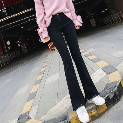 WTEMPO Trumpet Jeans  Women's Boot Cut Pant Loose and Slim Wide Leg Tassel Denim Pocket Trousers