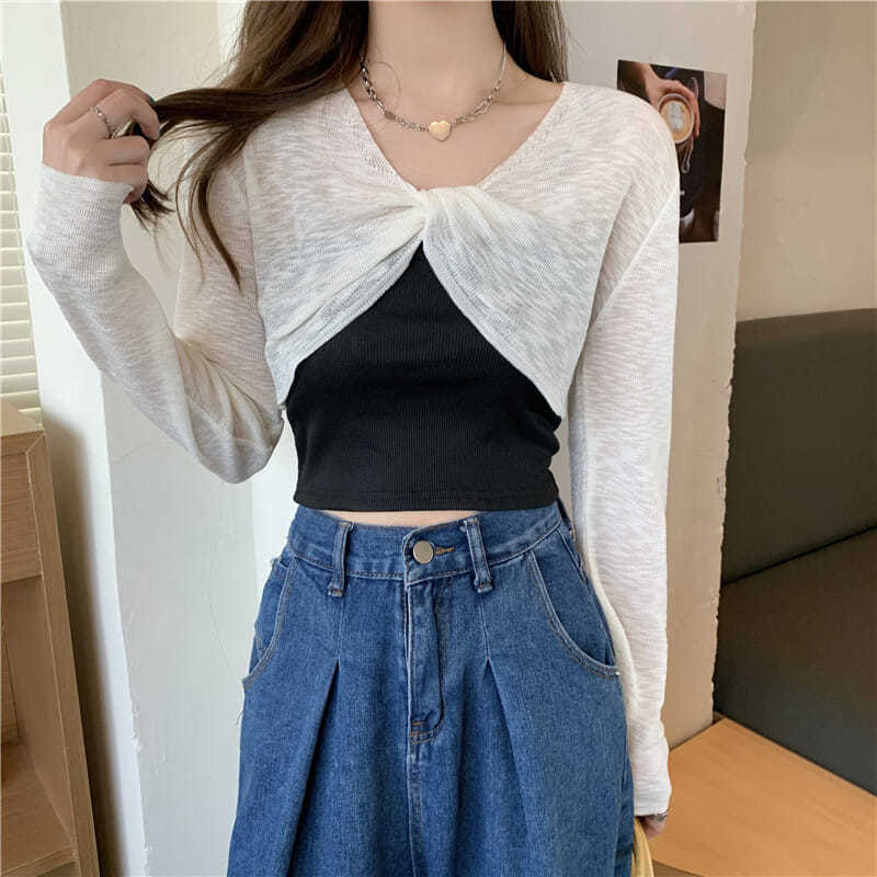 Blouse Women's Knitted Blouse Small Irregular Short Section Knotted Thin Section Summer V-neck Long-sleeved Women’s Tops