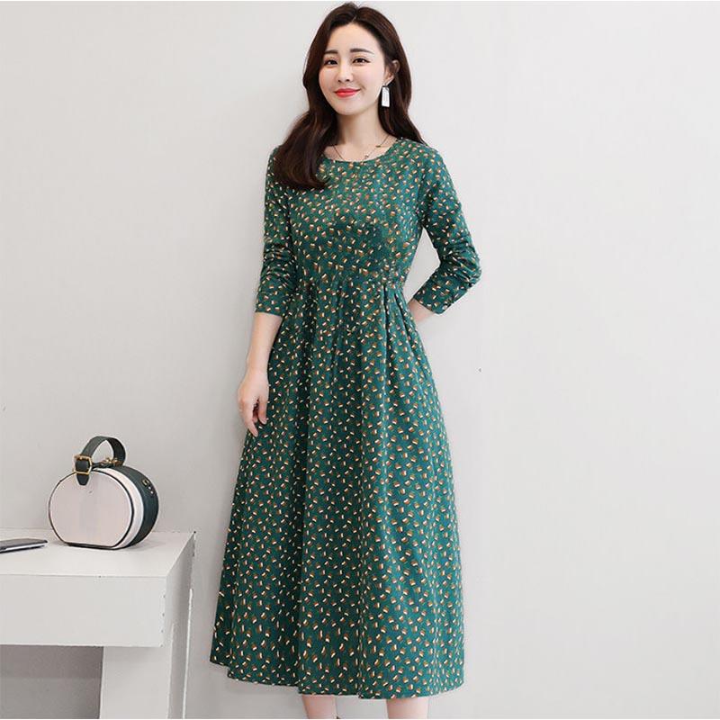 Cotton Long-sleeved Dress Women's Plus Size Women's Mother's Clothing Mid-length Slim Print Casual Long Skirt