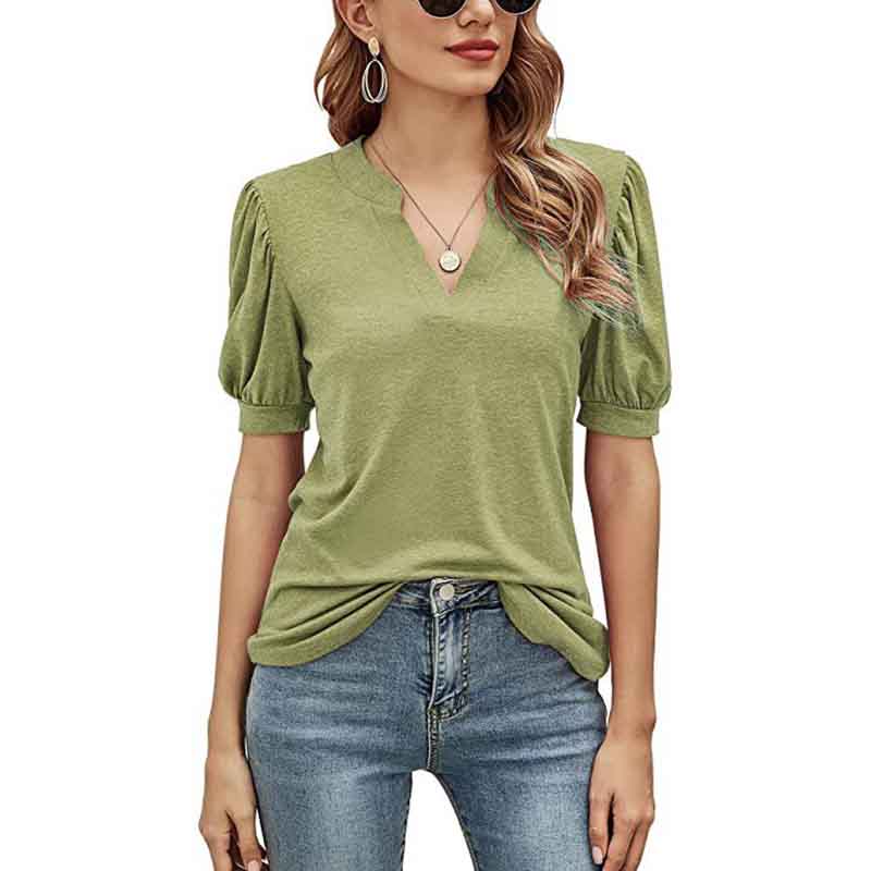 T-shirt Ladies Top Summer Casual V-neck Solid Color Puff Sleeve Loose T-shirt Shirt
