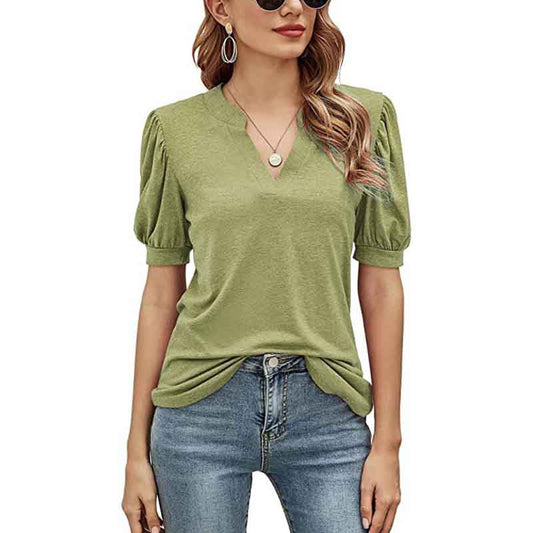 T-shirt Ladies Top Summer Casual V-neck Solid Color Puff Sleeve Loose T-shirt Shirt