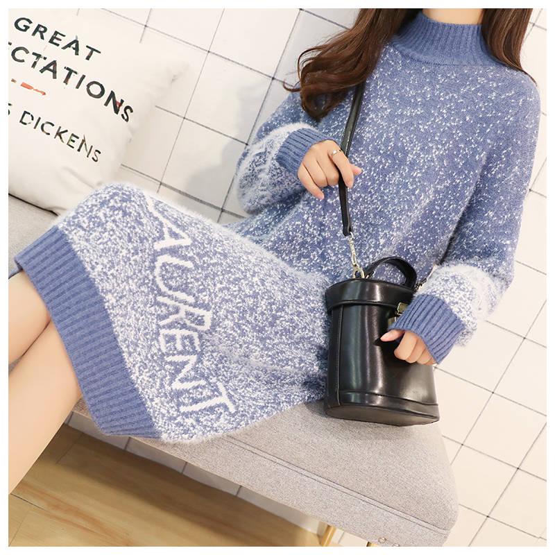 Women Winter Long Sleeve Solid Sweater Warm Basic Short Mini Dresss Pull Femme Women's Long Sweater