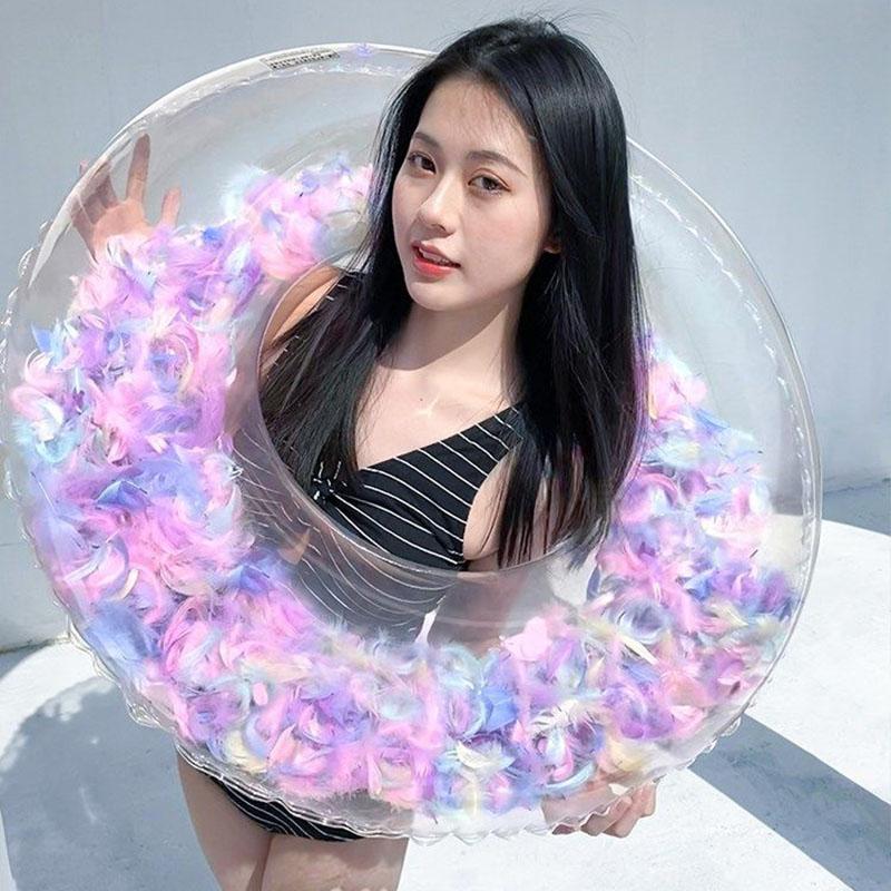 Swimming Ring Adult Thickened Swimming Ring Armpit Ring Men and Women Adults and Children Full Transparent Feather Inflatable Lifebuoy