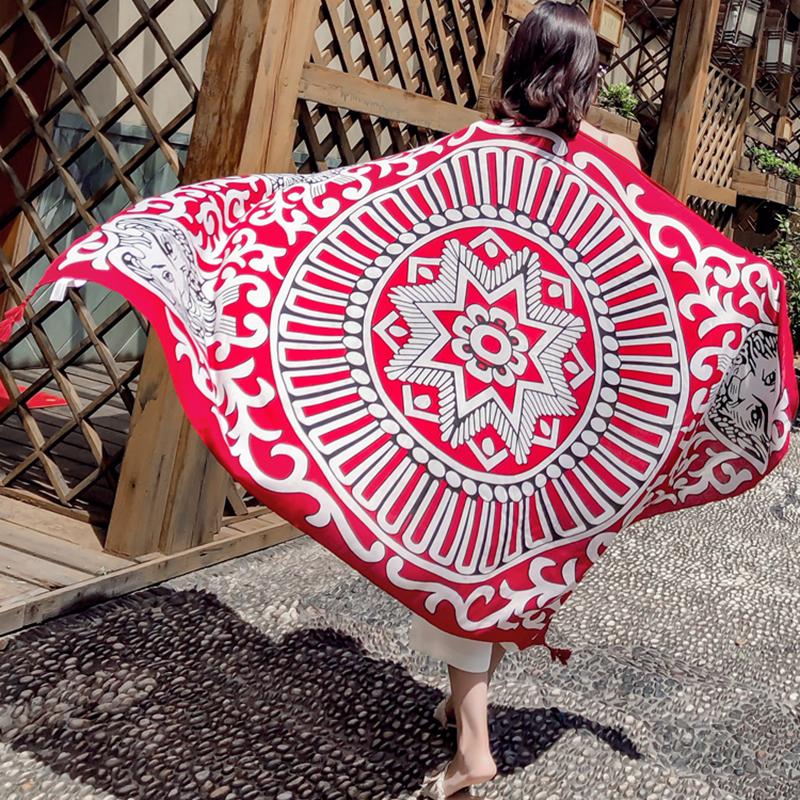 Ethnic Style Bohemia Cotton Linen Scarf Women Oversized Sunscreen Holiday Beach Silk Scarf Fringed Seaside Shawl