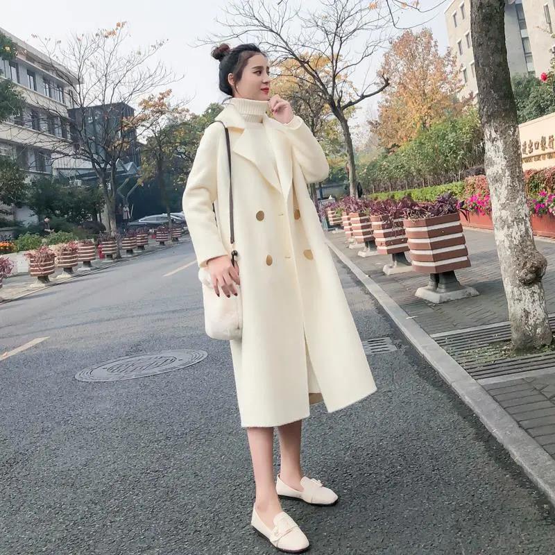 Hepburn Style Woolen Coat Women's Mid-length Korean Style Loose Woolen Coat Plus Cotton Thick Autumn and Winter Woolen Coat