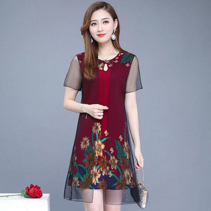 XL-XXXXXL Middle-aged Women Summer Printed Plus Size Skirt Mother's Dress Mid-length Imitation Silk Chiffon Yarn