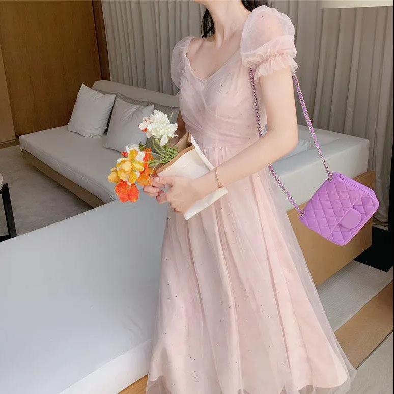 Female Blue Pink Halo Dyed Mesh Elegant Holiday Dress Vintage Slim Super Fairy Bandage Party Dress