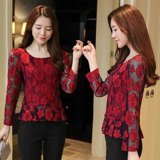 Women's Spring and Autumn Plus Size Long Sleeve Bottoming Shirt Lace Round Neck Slim Top