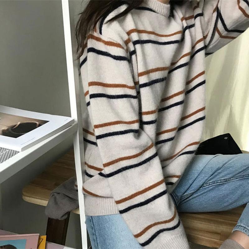 Autumn Winter  Women Fashion Sweater  Knitting Sweater Stripe Round Neck Pullovers Loose Casual Long Sleeve Sweater