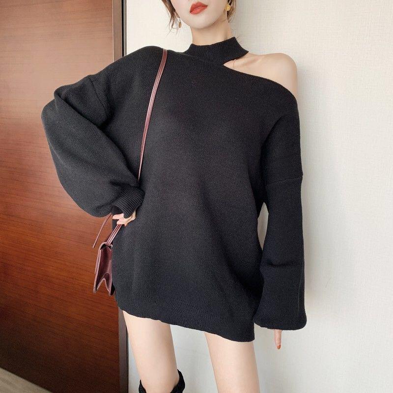 Women Autumn Winter One Shoulder Sweater Loose Pullover Warm Long Sleeve Knitted Streetwear