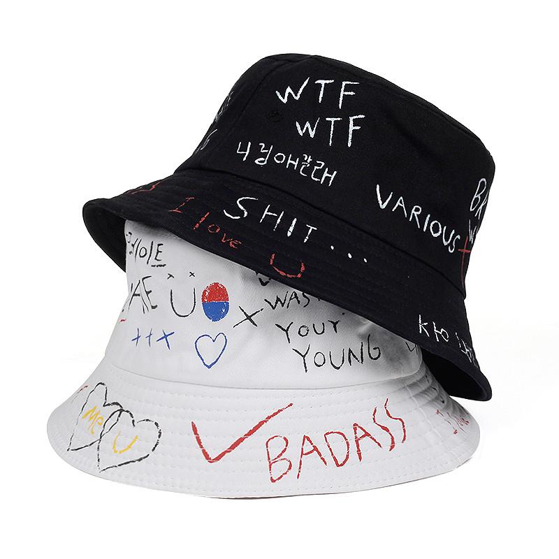 Unisex Alphabet Graffiti Print Fisherman Hat Outdoor Sunshade Fishing Hat Casual Cotton Bucket Hat
