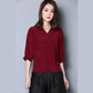 Summer Loose Large Size Simulated Silk Ladies Mid Sleeve Shirt Solid Color Bat Sleeve V-Neck Simple Blouse Casual All Match Pullover Shirts Blouses