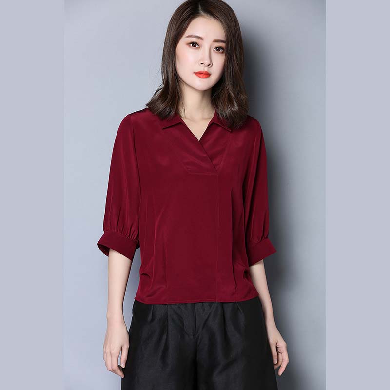 Summer Loose Large Size Simulated Silk Ladies Mid Sleeve Shirt Solid Color Bat Sleeve V-Neck Simple Blouse Casual All Match Pullover Shirts Blouses