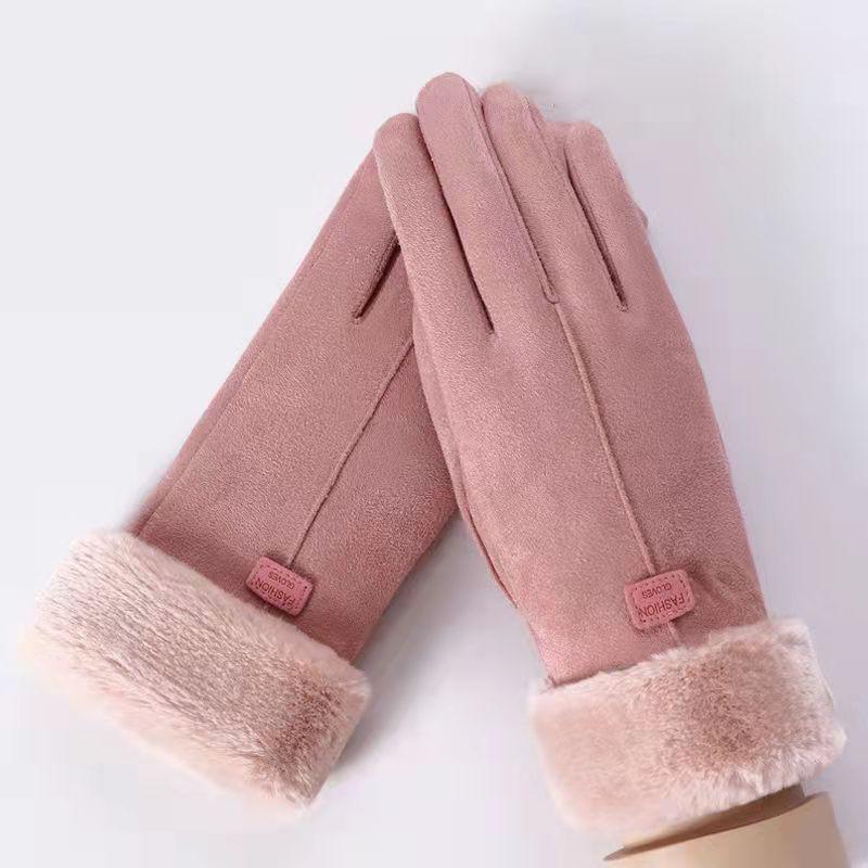 Women's Suede Gloves Winter Double Furry Gloves Warm Snowflake Embroidery Outdoor Fashion Gloves