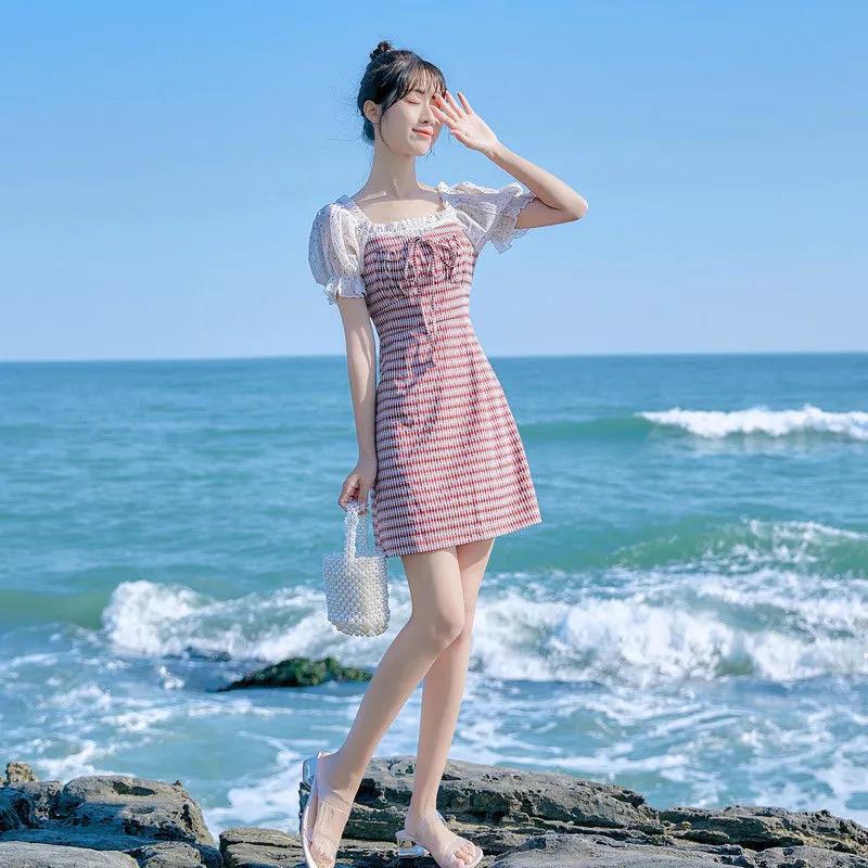 Women's Summer Plaid Dress Square Collar Slim Puff Sleeves Mid-length Skirt