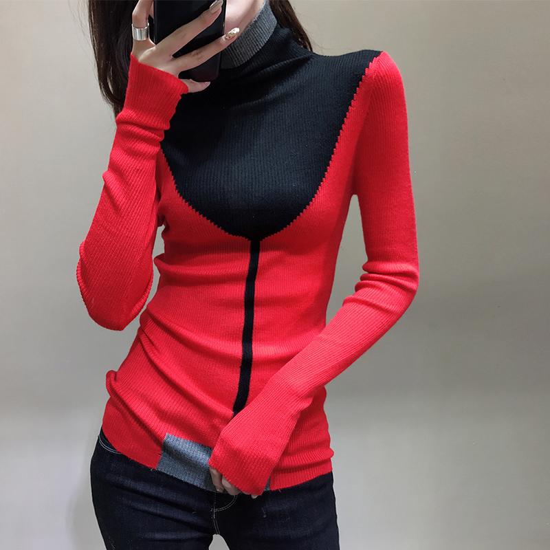 Pofulove Winter Women Knitted Turtleneck Sweater Jumper Slim contrast color Pullovers long sleeves