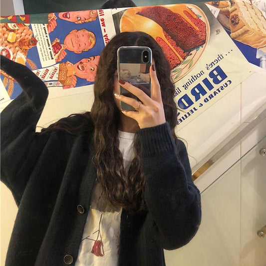 Lazy Style Sweater Jacket Female Net Red Korean Version of The V-neck Student Shirt Loose Knit Cardigan Solid Color