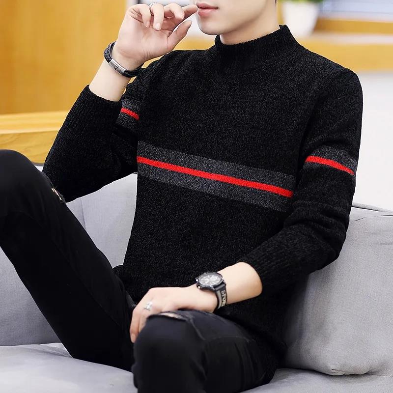 Chenille Sweater Men's High Neck Bottoming Shirt Plus Velvet Thick Knit Sweater Winter Round Collar Wool