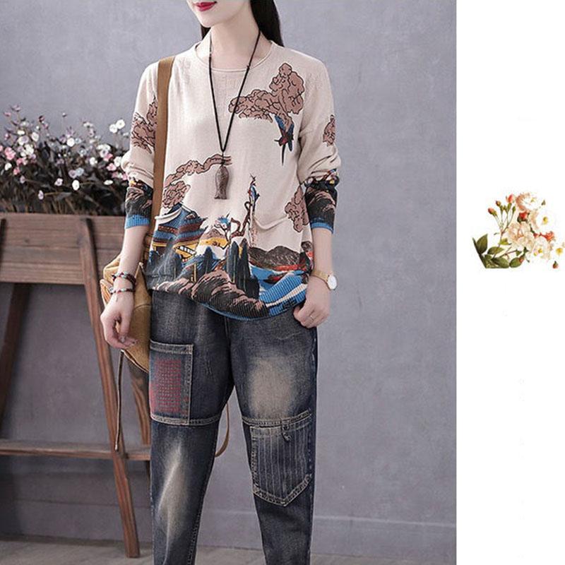 Vintage  Literary Print Long-sleeved Sweater Women Fall/winter Oversized Knit Sweater Outwear  Pullover Jumper Top with Pocket