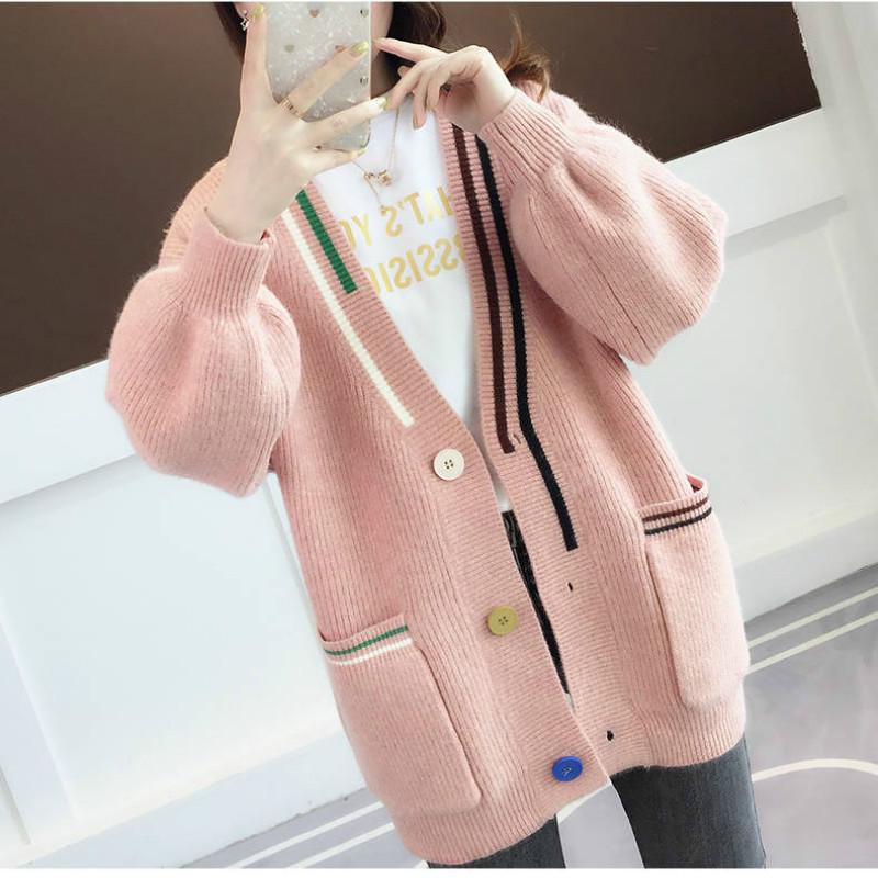 Autumn and Winter Cardigan Sweater Women's Knitted Jacket Lantern Sleeves Loose Sweater